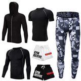 OSS - Fitness Gym Suit Men's 5 Piece Gym Running Training Workout Set Hooded Jacket Sport Tracksuit