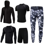 OSS - Fitness Gym Suit Men's 5 Piece Gym Running Training Workout Set Hooded Jacket Sport Tracksuit