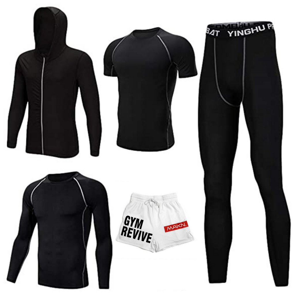 5pcs/set Men Gym Wear Fitness Sports Suit Clothes Training Basketball  Football Running Practise Shirts Coat Workout Tights Set grey L 