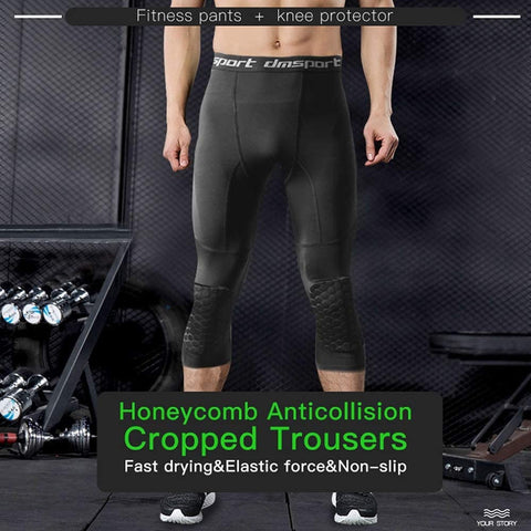 Basketball high-elastic cropped pants white honeycomb anti-collision knee  pads men's sports tight leggings training